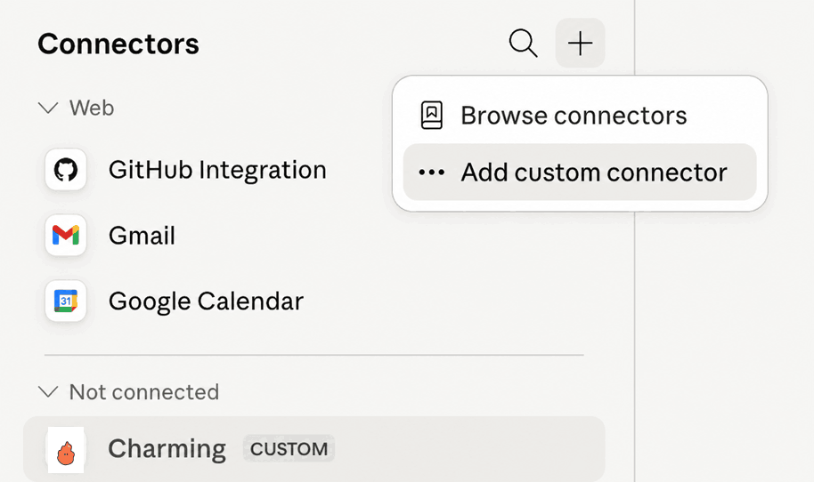 Claude connectors menu with Charming listed and Add custom connector selected