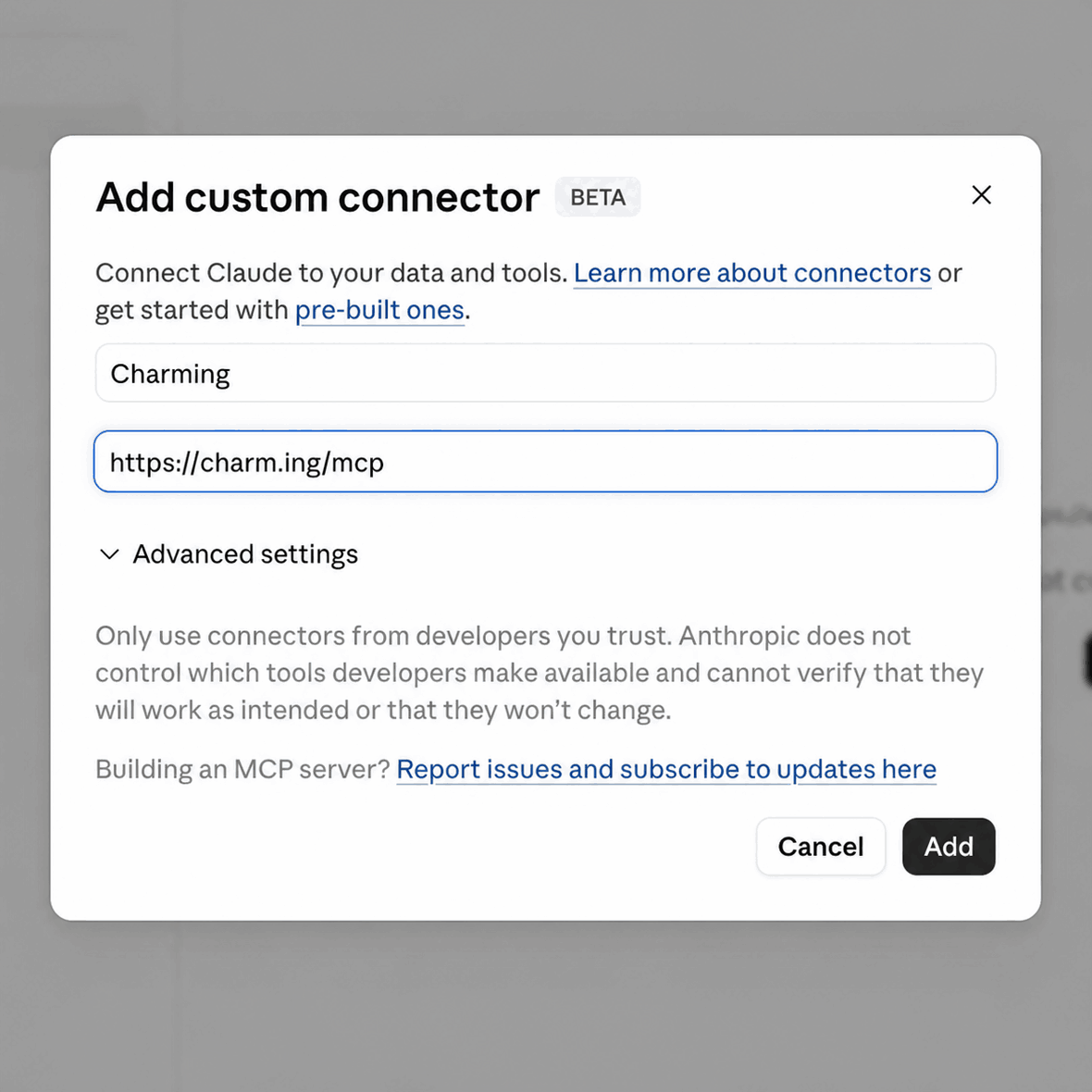 Claude Add custom connector dialog named Charming with https://charm.ing/mcp
