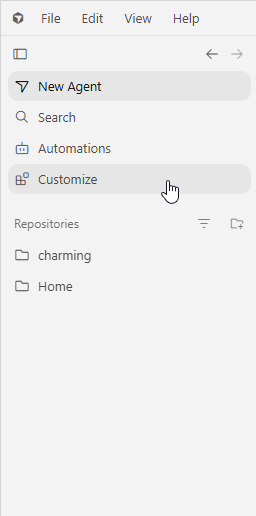 Cursor sidebar with Customize selected.