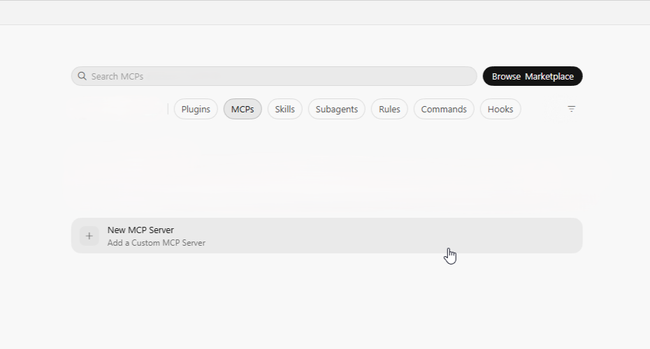 Cursor MCP settings with New MCP Server ready to select.