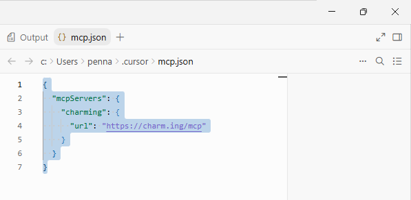 Cursor mcp.json with the Charming server URL.
